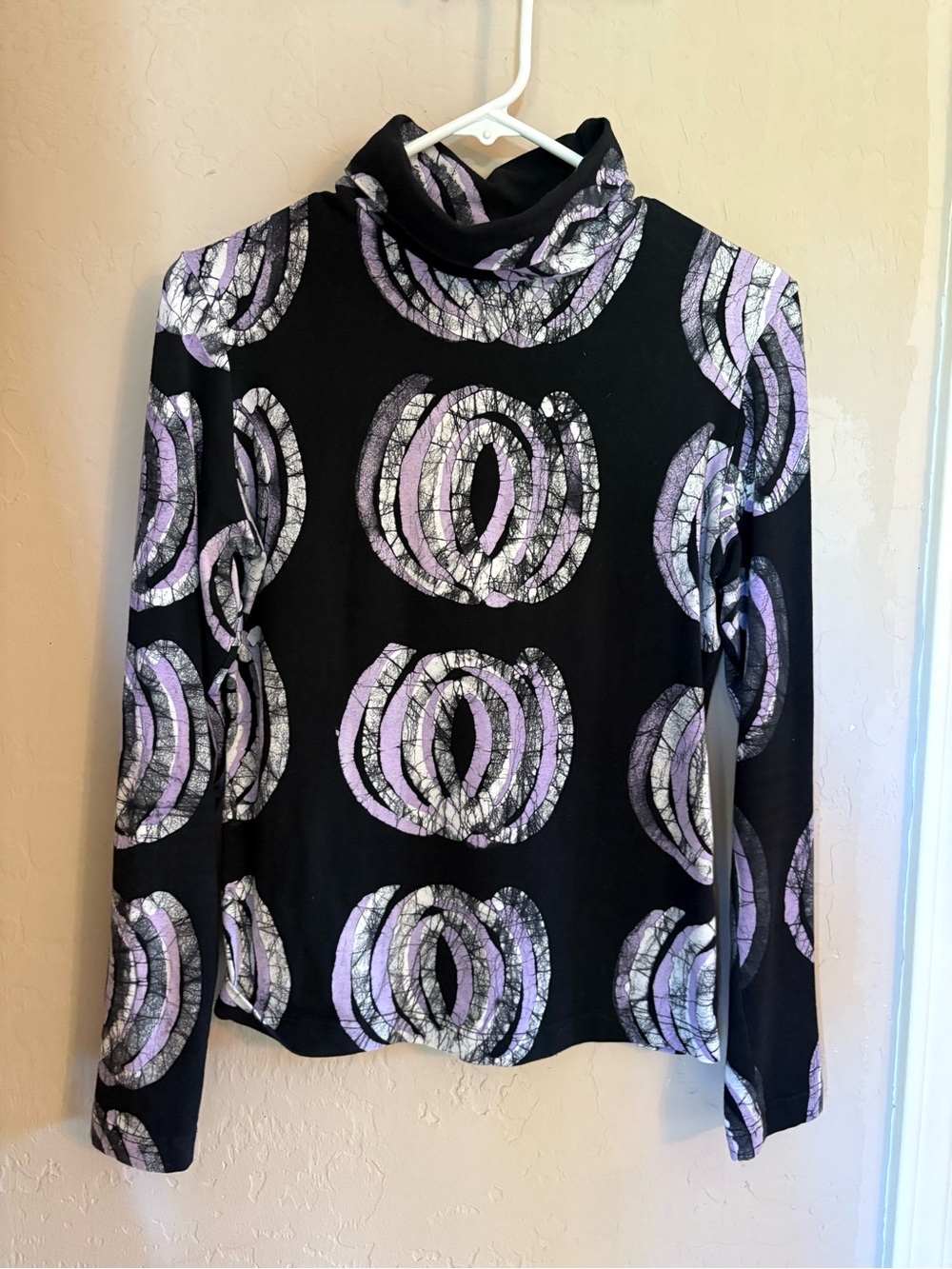 Long-Sleeve Black Top with Lavender Ring Print